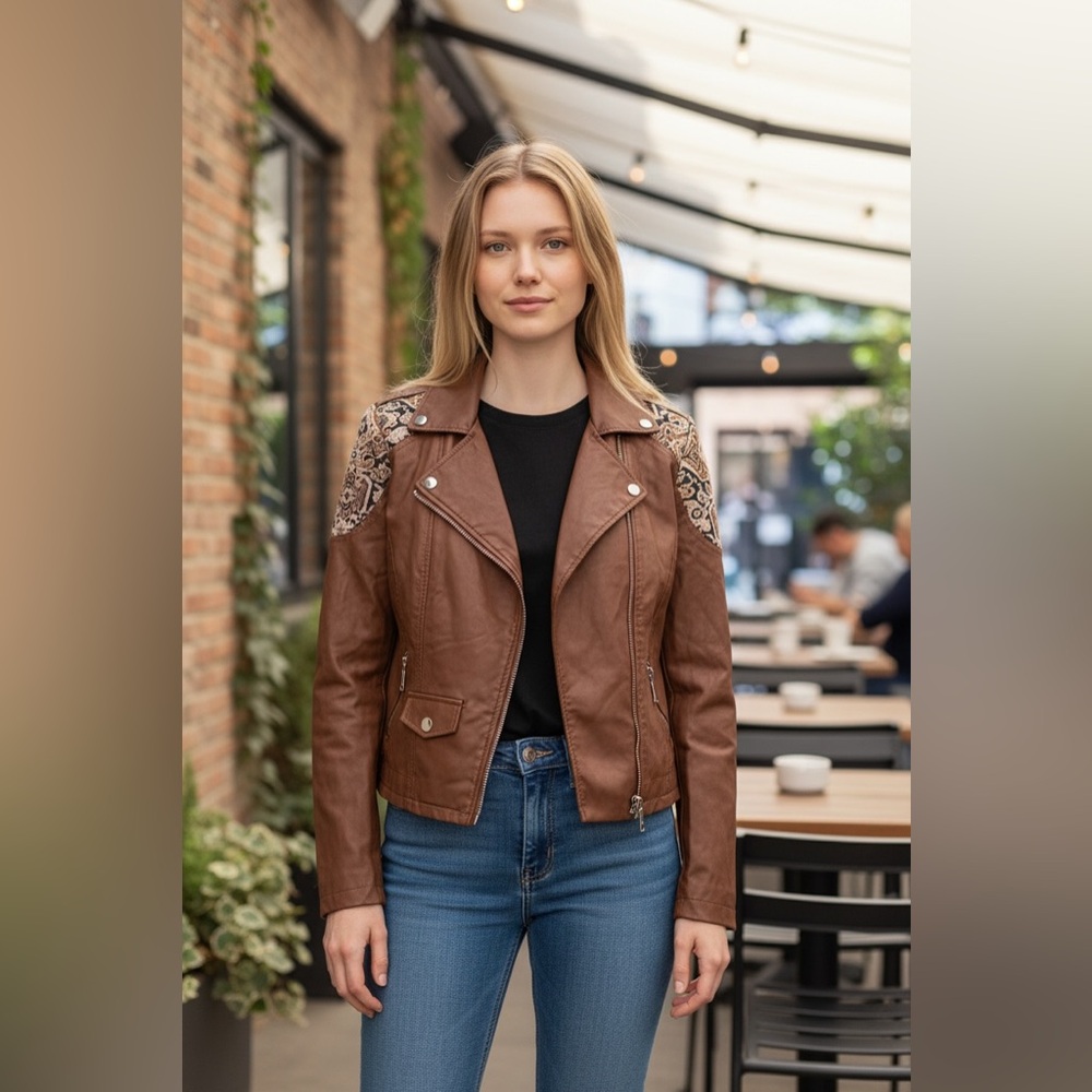 Chicos Brown Faux Leather Jacket with Embellished Shoulders